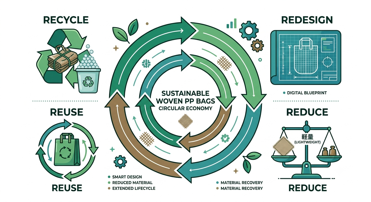 Sơ đồ mô hình kinh tế tuần hoàn 4R (Redesign, Reduce, Reuse, Recycle) áp dụng cho bao bì PP dệt bền vững