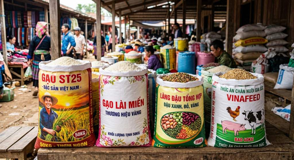 Các mẫu bao PP dệt in màng BOPP đựng gạo ST25, gạo Lài Miên, ngũ cốc và thức ăn chăn nuôi Vinafeed.