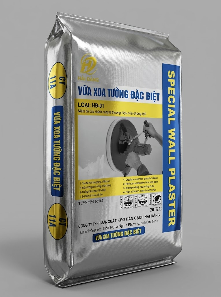 Bao vữa xoa tường đặc biệt Hải Đăng 20kg in màng metallize ánh kim trên bao PP dệt