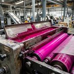 Cận cảnh khay chứa mực in magenta và lô lăn trên máy in ống đồng bao bì công nghiệp tại nhà máy sản xuất
