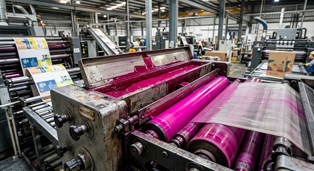 Cận cảnh khay chứa mực in magenta và lô lăn trên máy in ống đồng bao bì công nghiệp tại nhà máy sản xuất